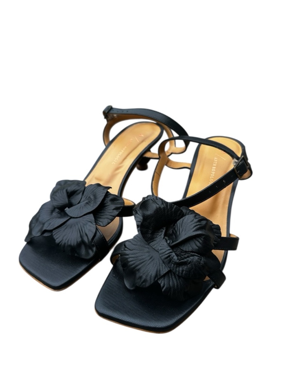Anthropologie Black Floral Appliqué Heeled Sandals